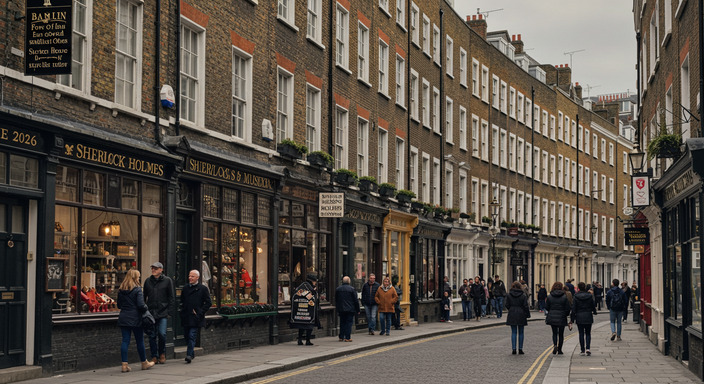 Historic Baker Street area with Georgian architecture and Sherlock Holmes museum sign