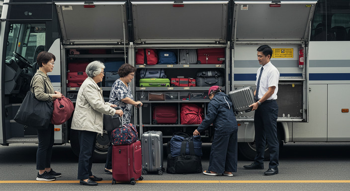Large bus luggage compartment with various suitcases and bags being loaded safely and securely