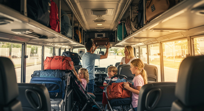 Family loading various sized suitcases and pushchairs into spacious bus luggage compartment