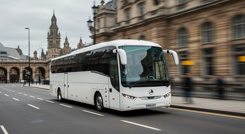 Modern Airport Express coach departing from London Waterloo area with comfortable luxury seating and large windows for scenic journey