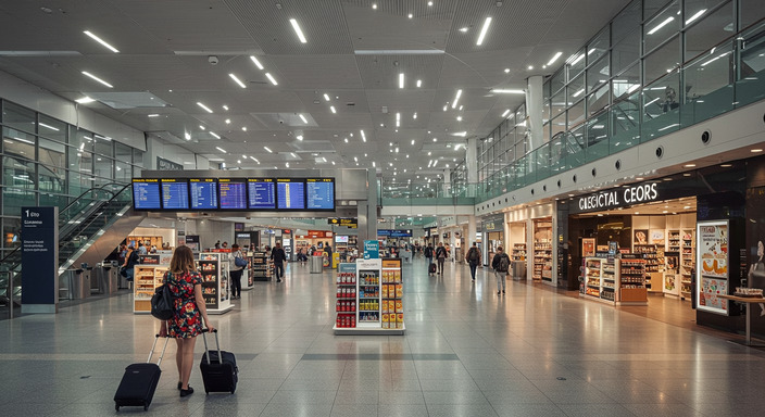 Modern Dublin Airport terminal interior with passengers, shops, and clear signage