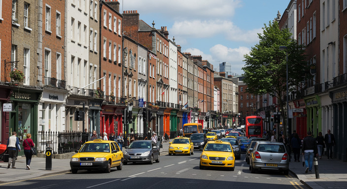 Busy Dublin city center with taxis and cars in traffic, showing parking challenges