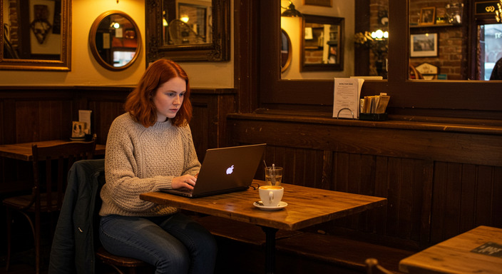 Person booking Dublin airport bus tickets on laptop with coffee, cozy Irish setting