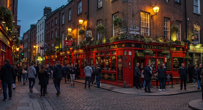 Colorful Temple Bar district in Dublin with traditional Irish pubs and cobblestone streets