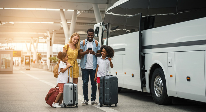 Happy travelers with luggage boarding luxury airport coach, money-saving concept