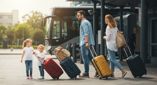Happy family with suitcases waiting at bus stop, showing luggage allowance with both large checked bags and carry-on items