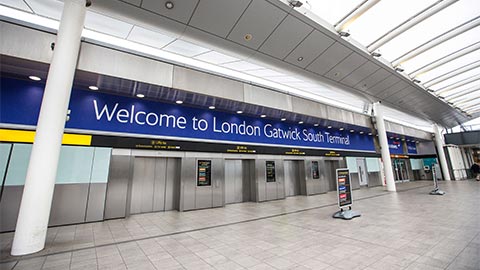 Gatwick Airport wheelchair accessible terminal with cafes restaurants and Duty-Free shop