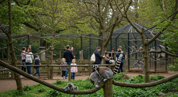 Ring-tailed lemurs at Golders Hill Park zoo with families watching