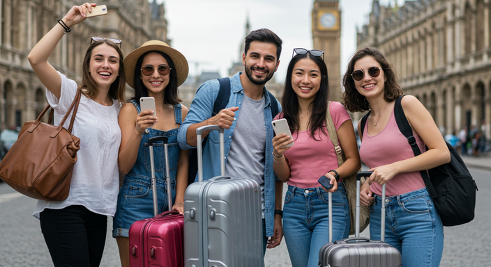 Group of friends with luggage celebrating savings on group bus booking