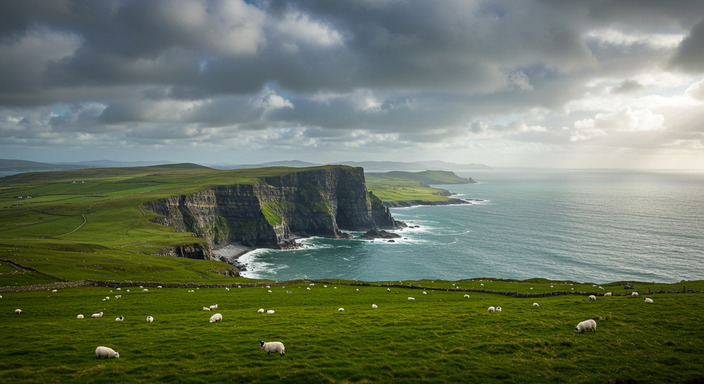 Stunning Irish countryside with dramatic Atlantic cliffs and rolling green hills