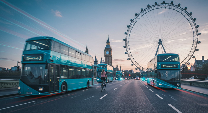 Modern airport express bus departing from central London with city skyline background