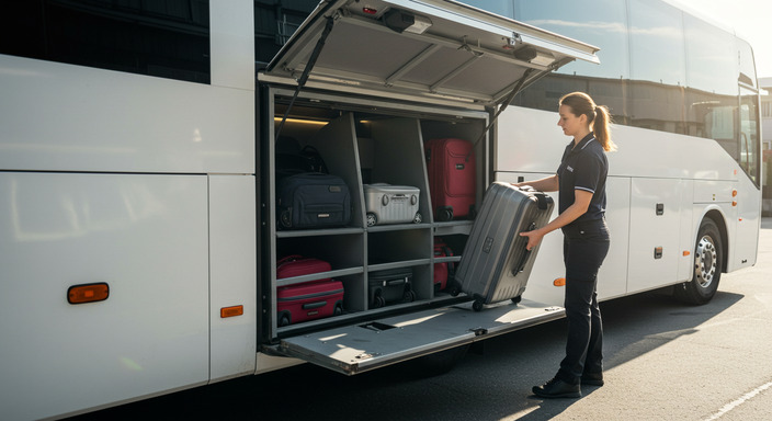 Spacious bus luggage compartment with suitcases being loaded by helpful driver