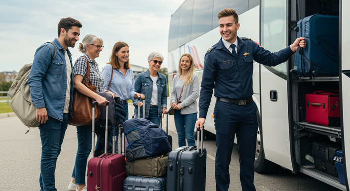 Coach driver helping passengers load various sized suitcases into spacious luggage compartment