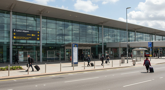 Modern Luton Airport terminal building with bus stops and clear signage for arrivals and departures
