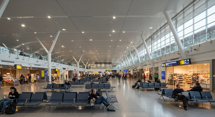 Luton Airport terminal interior showing modern facilities, cafes, shops and comfortable seating areas