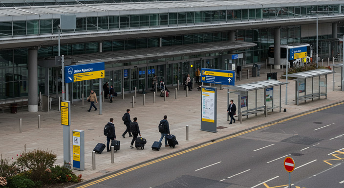 Luton Airport terminal exterior with bus stops clearly visible and passengers walking