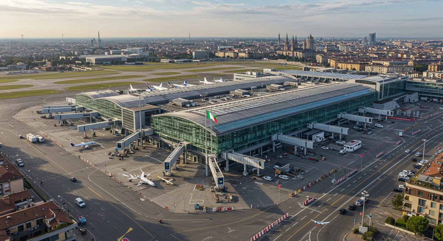 Milan Linate Airport terminal building showing modern architecture with Milano city skyline in distance and Italian flag visible