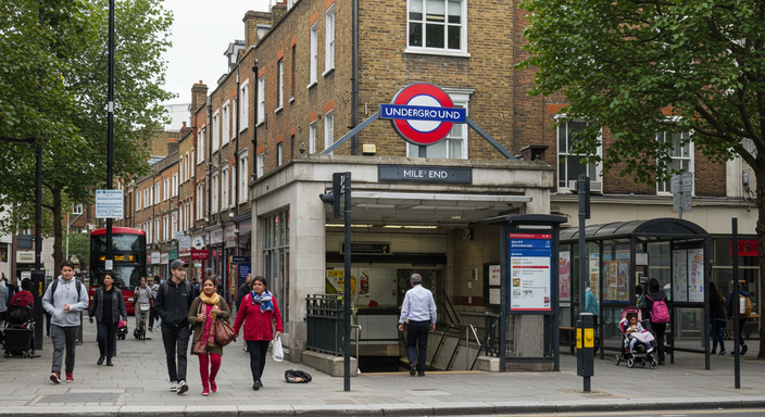 Mile End Underground station entrance with bus stops nearby and clear signage for airport transfers