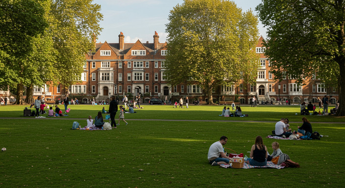 Beautiful Victoria Park in Mile End with families enjoying green space and historic East London architecture