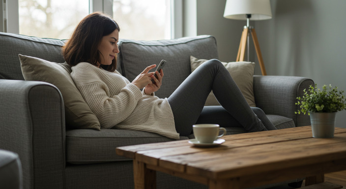 Person using smartphone to book bus tickets online with savings notification, comfortable home setting