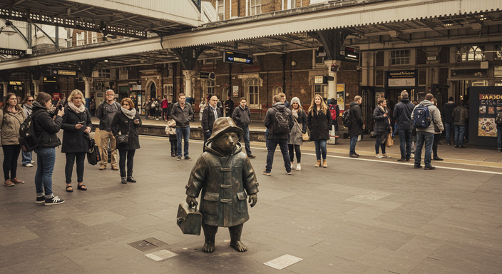 Paddington Bear statue at Paddington Station with Victorian architecture in background