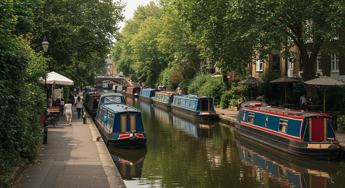 Picturesque Little Venice canal boats and waterside cafes near Paddington