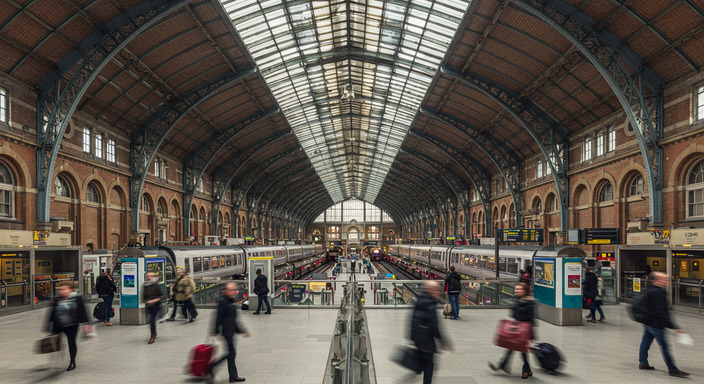 Busy Paddington Station concourse with Victorian architecture and international travelers