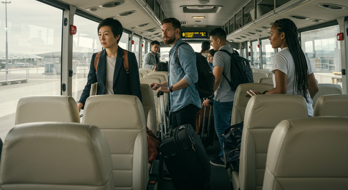 Passengers boarding bus with suitcases