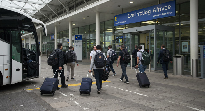 Airport bus dropping passengers directly at Luton Airport terminal entrance