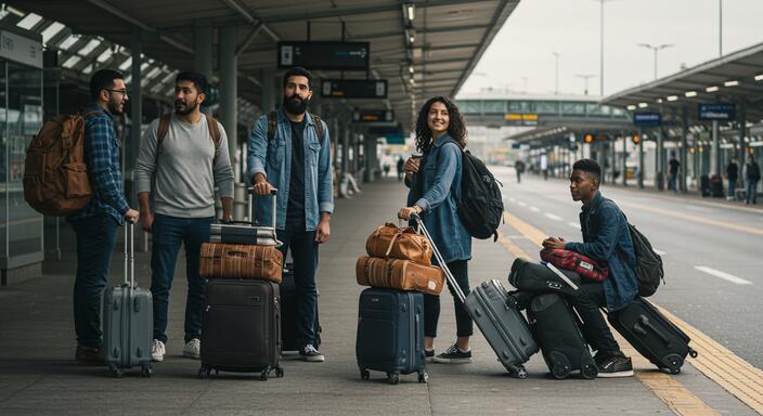 Family or group with luggage waiting for airport bus, happy travelers