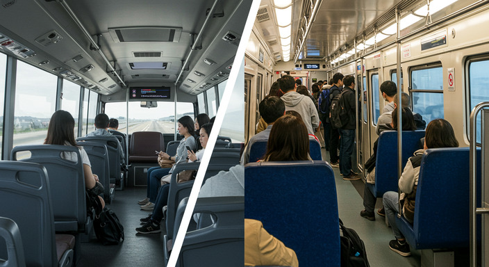 Comparison showing comfortable airport bus versus crowded train journey