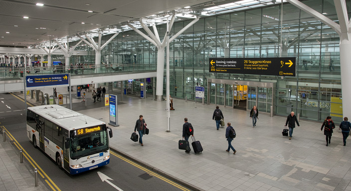 Stansted Airport terminal entrance with passengers arriving from bus, clear signage to check-in area