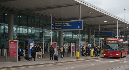 Stansted Airport exterior showing bus drop-off area outside departures terminal with clear signage and passengers with luggage