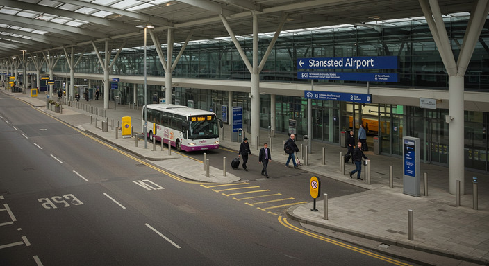 Stansted Airport terminal entrance with bus drop-off point and passengers walking directly into terminal