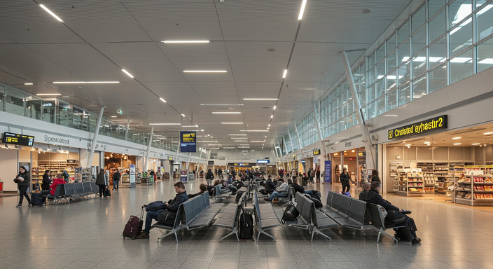 Stansted Airport interior showing modern facilities, cafes and departure lounges