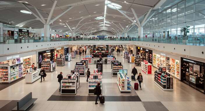 Stansted Airport interior with duty-free shops, cafes and passengers