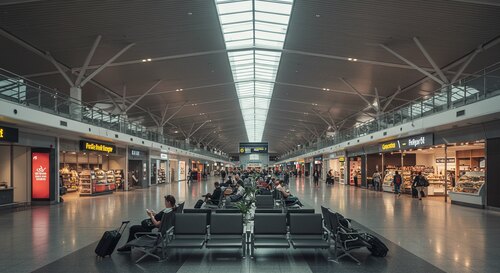 Stansted Airport interior showing departure lounge with passengers, duty-free shops, restaurants, and modern airport facilities with people using free WiFi