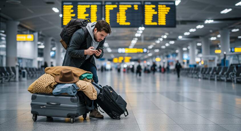 Stressed traveler at airport with messy luggage and forgotten items
