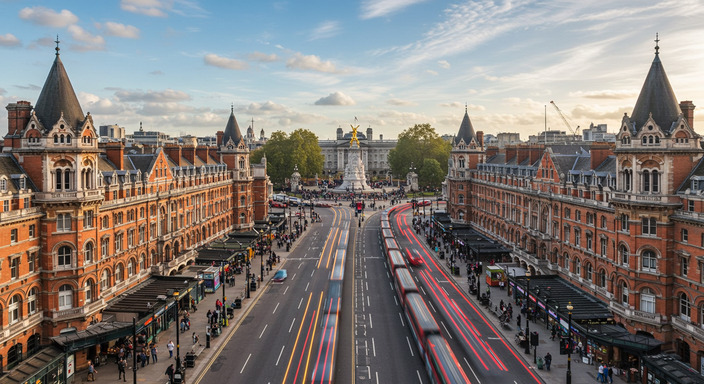 Victoria Station area with Buckingham Palace visible in background and St James Park nearby