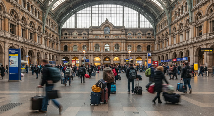 Victoria Coach Station with multiple bus bays and clear departure boards showing Luton Airport services