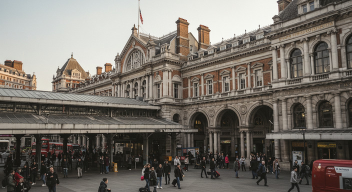 Grand Victorian architecture of London Victoria Station with ornate facade and busy concourse
