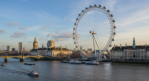 London Waterloo area showing the iconic London Eye ferris wheel and Thames riverside with Waterloo station building visible in historic architecture